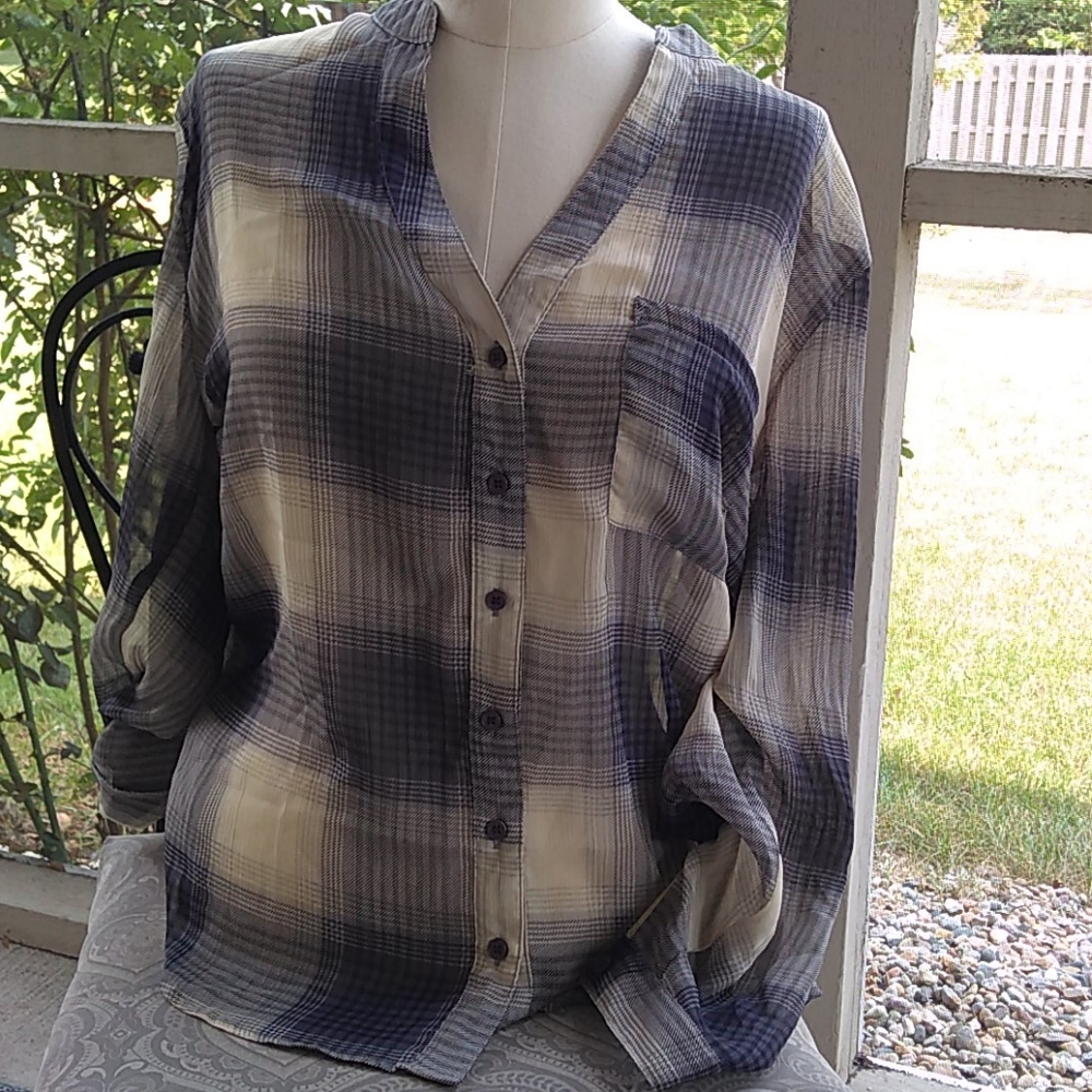 Staring at stars UO sheer plaid roll tab sleeve
